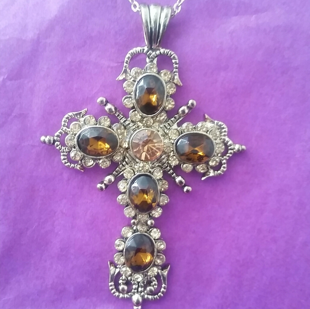 Cross with faux amber tone stones  gold tone chain